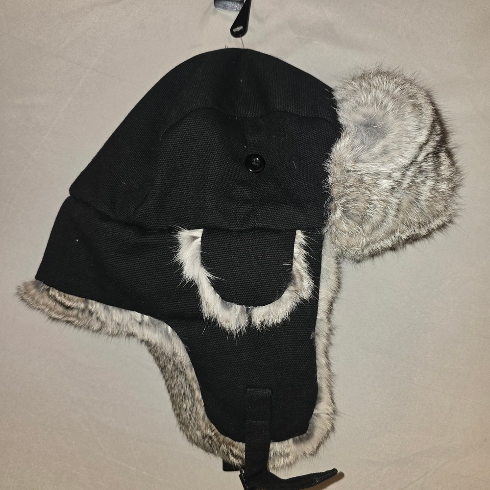 CrownCap Trapper Hat Medium Unisex Black Grey Natural Rabbit Fur Aviator winter